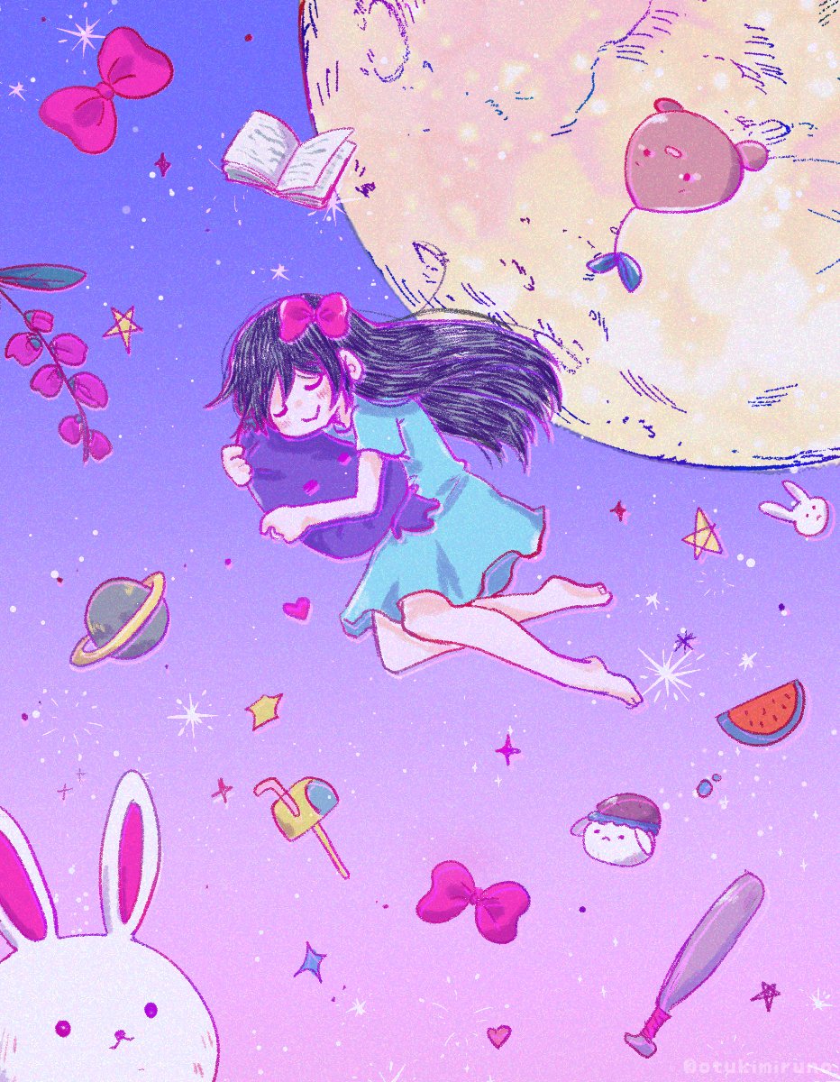 1girl, :>, aubrey_(headspace)_(omori), aubrey_(omori), barefoot, baseball_bat, blue_shirt, blush