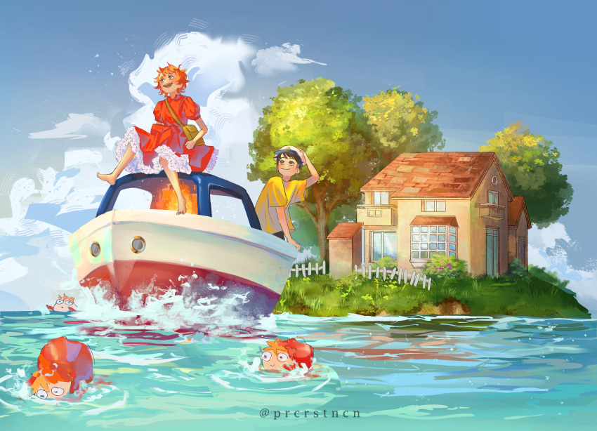 1boy, 1girl, absurdres, bag, boat, clouds, commentary, dress