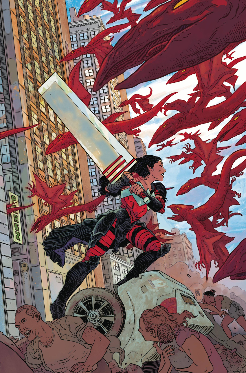 2boys, 2girls, absolute_wonder_woman, absurdres, black_footwear, black_hair, boots, building