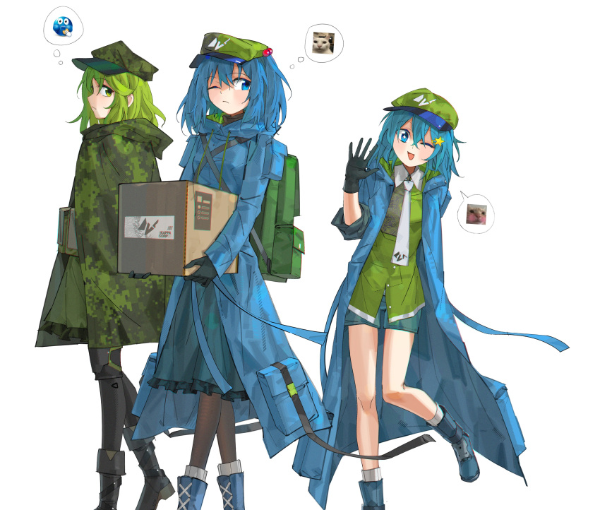 3girls, absurdres, aesur_a, backpack, bag, black_footwear, black_gloves, blue_eyes