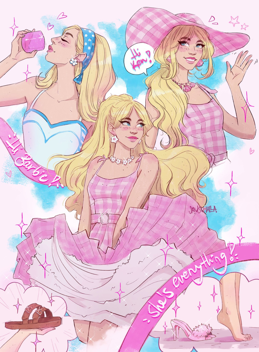 1girl, artist_name, barbie_(character), barbie_(franchise), barbie_(live_action), blonde_hair, blue_eyes, blush