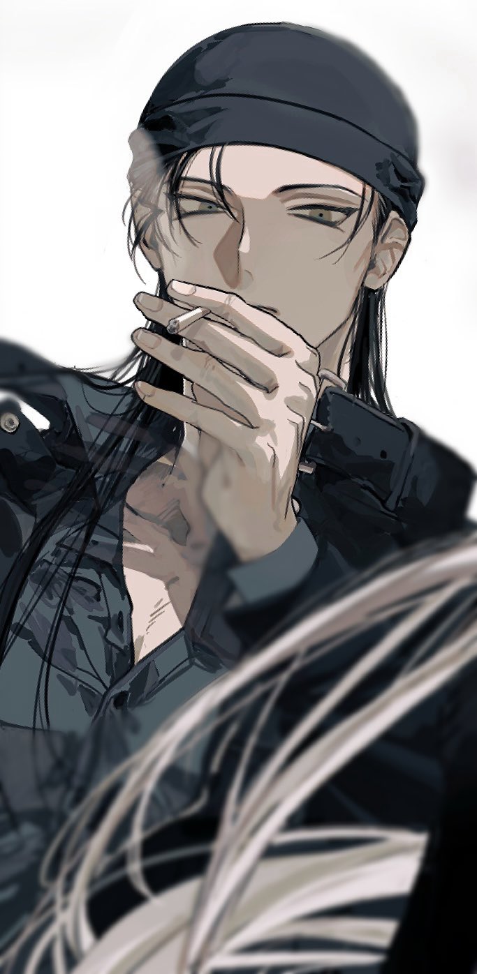 1girl, akai_shuuichi, black_hair, black_hat, cigarette, gin_(meitantei_conan), grey_shirt, hat