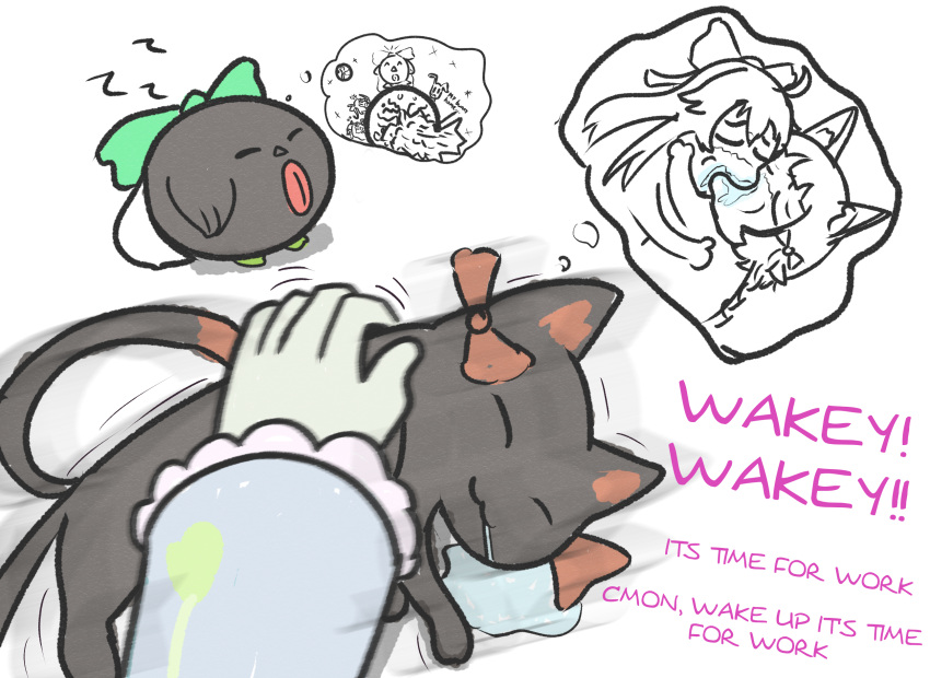 1girl, :3, bird, black_cat, bow, cat, commentary, dreaming