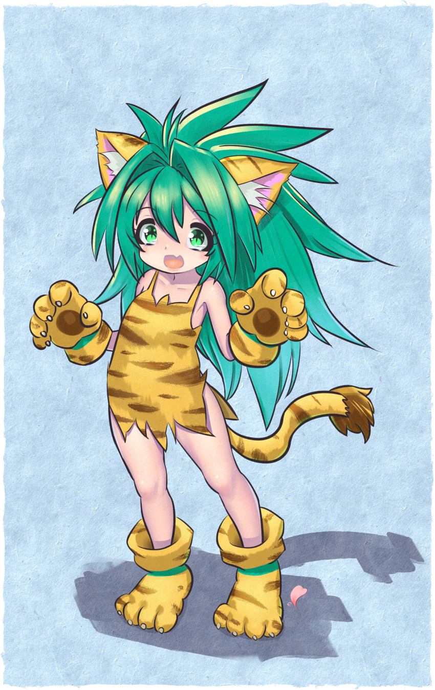 1girl, absurdres, animal_ears, animal_hands, blue_background, cat_ears, cat_girl, cat_paws, cat_tail, cham_cham, commentary, dress, elementary_(lolipope), fang, gloves, green_eyes, green_hair, highres, long_hair, open_mouth, orange_dress, paw_gloves, paw_shoes, samurai_spirits, shadow, simple_background, skin_fang, solo, standing, tail