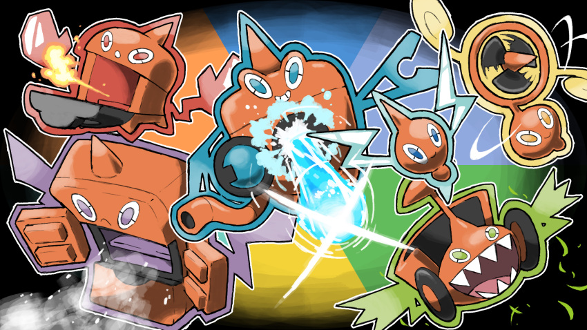 :o, blacknirrow, blizzard_(pokemon), blue_eyes, closed_mouth, commentary, electric_fan, english_commentary, fire, frown, glint, grass, green_eyes, highres, hydro_pump_(pokemon), lawnmower, motion_blur, no_humans, open_mouth, outline, pokemon, pokemon_(creature), pokemon_move, red_eyes, refrigerator, rotom, rotom_(fan), rotom_(frost), rotom_(heat), rotom_(mow), rotom_(normal), rotom_(wash), sharp_teeth, smile, teeth, toaster_oven, violet_eyes, washing_machine, water, white_outline, wind, yellow_eyes