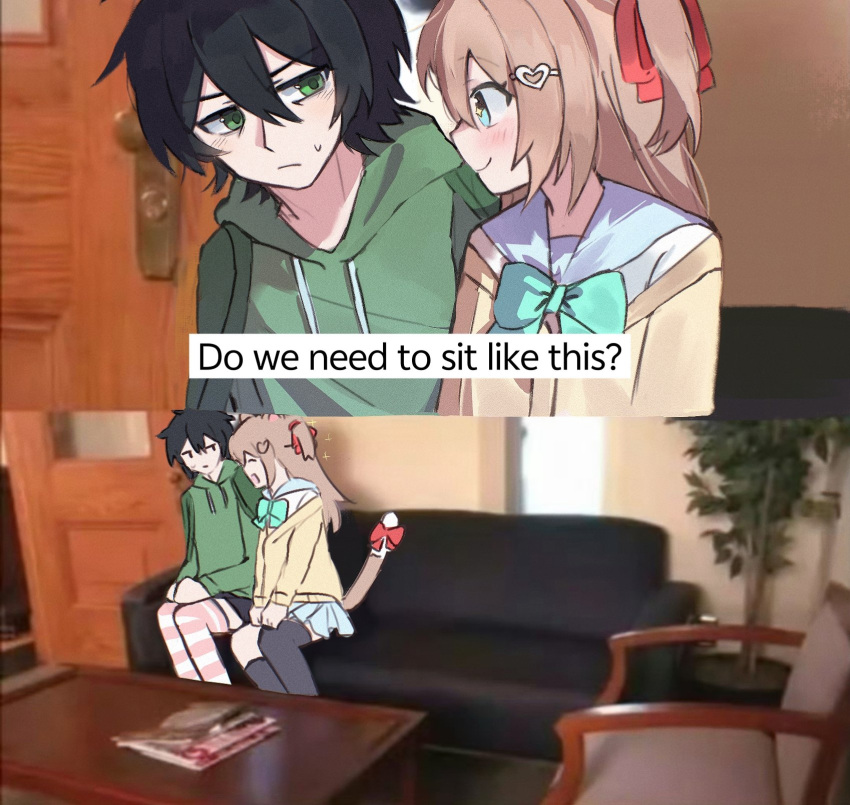 +_+, 1boy, 1girl, :d, ^_^, animal_ears, aqua_bow, aqua_bowtie