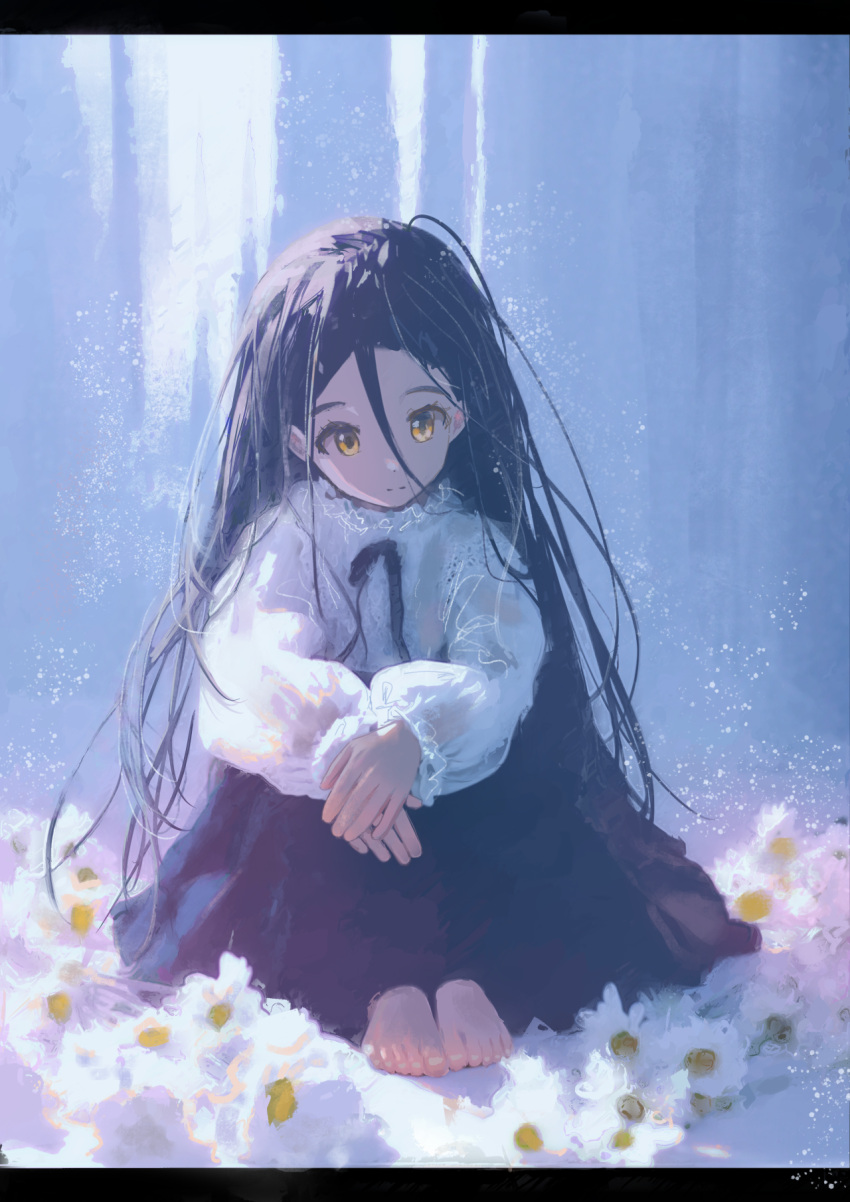 1girl, arisu_syndrome, barefoot, black_hair, closed_mouth, expressionless, feet, flower