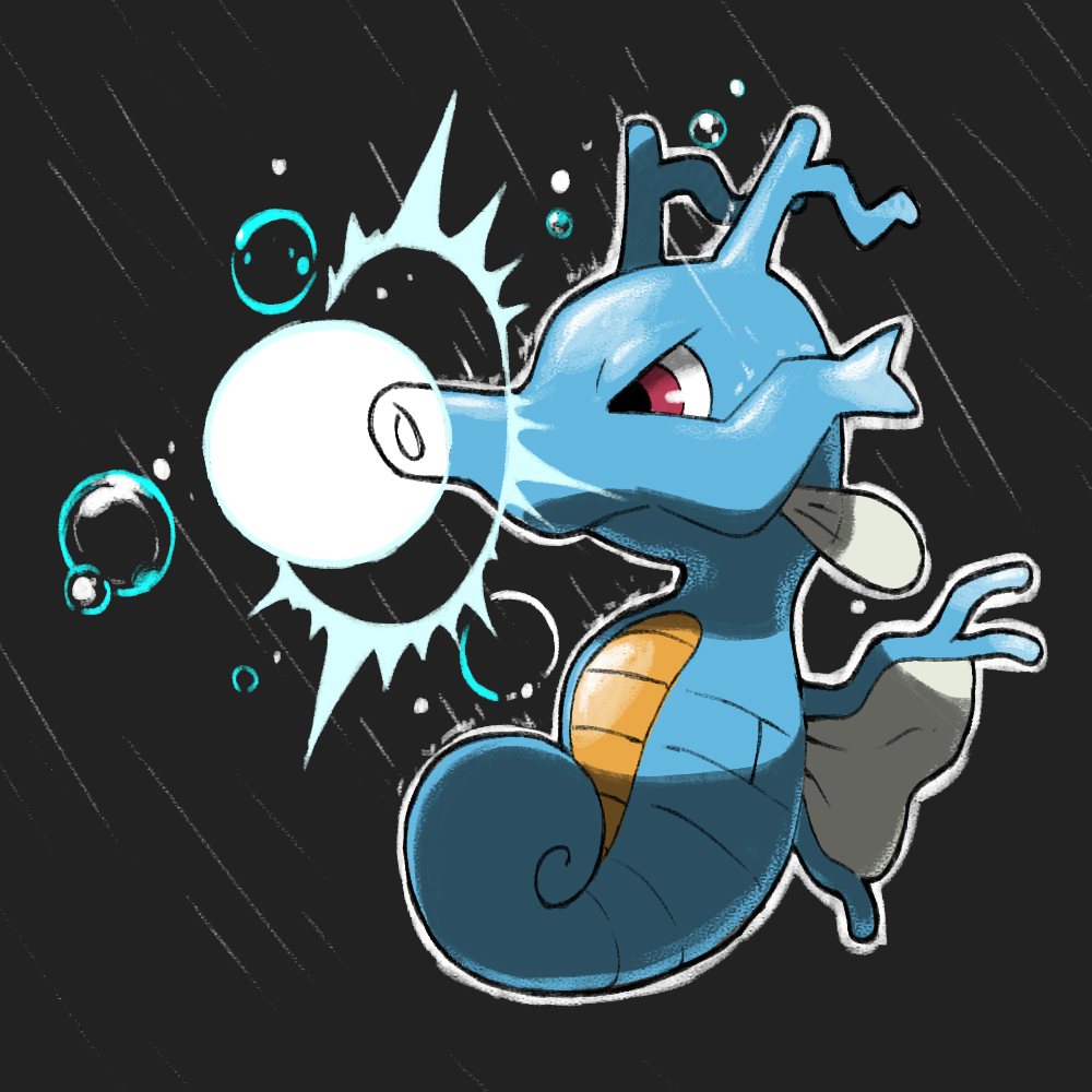 animal_focus, black_background, blacknirrow, bubble, fish, full_body, hydro_pump_(pokemon), kingdra