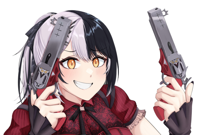 1girl, black_hair, black_nails, black_ribbon, dress, dual_wielding, grey_hair, grin