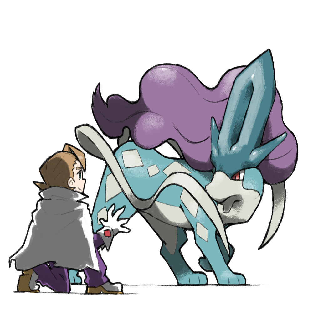 blacknirrow, brown_hair, cape, closed_mouth, eusine_(pokemon), gloves, green_eyes, on_one_knee