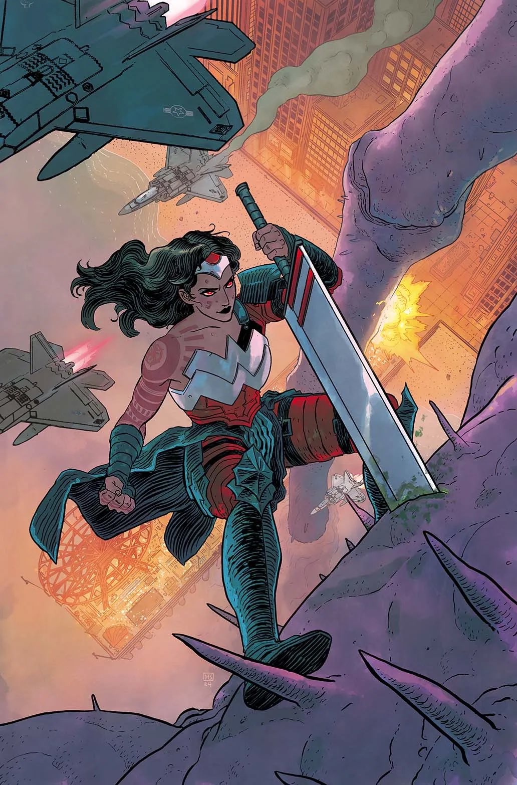 1girl, absolute_wonder_woman, aircraft, airplane, arm_tattoo, black_hair, dc_comics, hayden_sherman