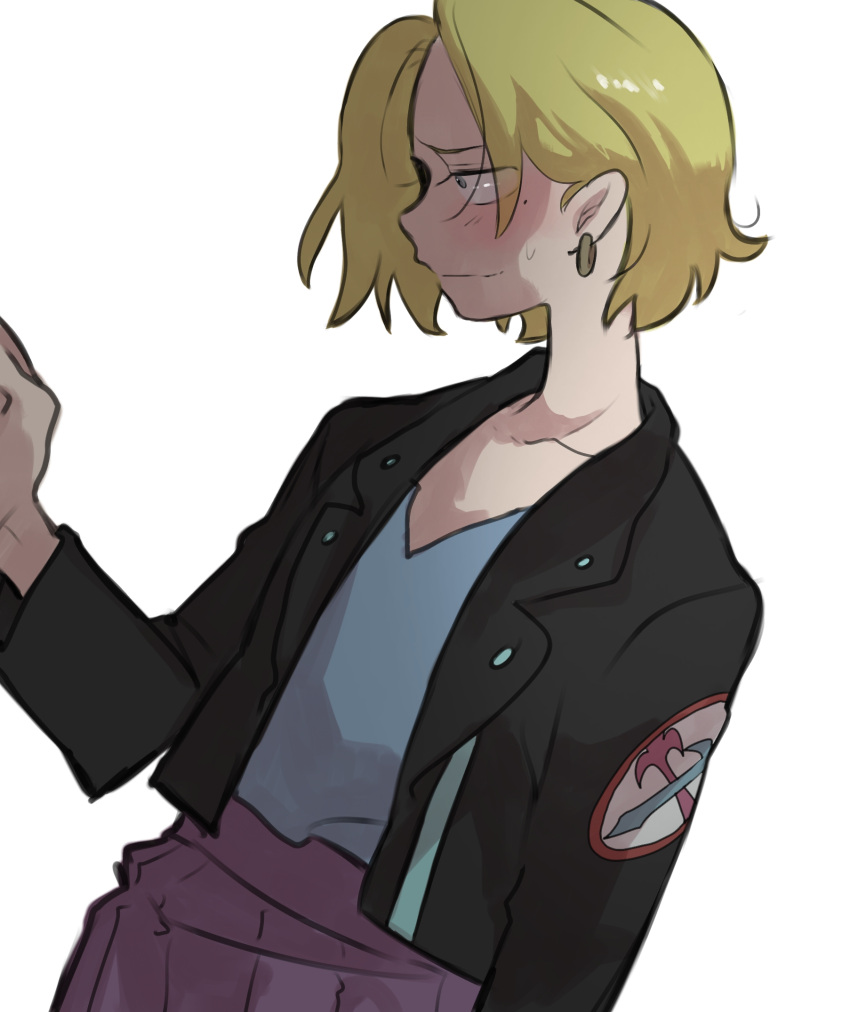1girl, aged_up, amphibia, blonde_hair, blue_shirt, blush, closed_mouth, dutch_angle