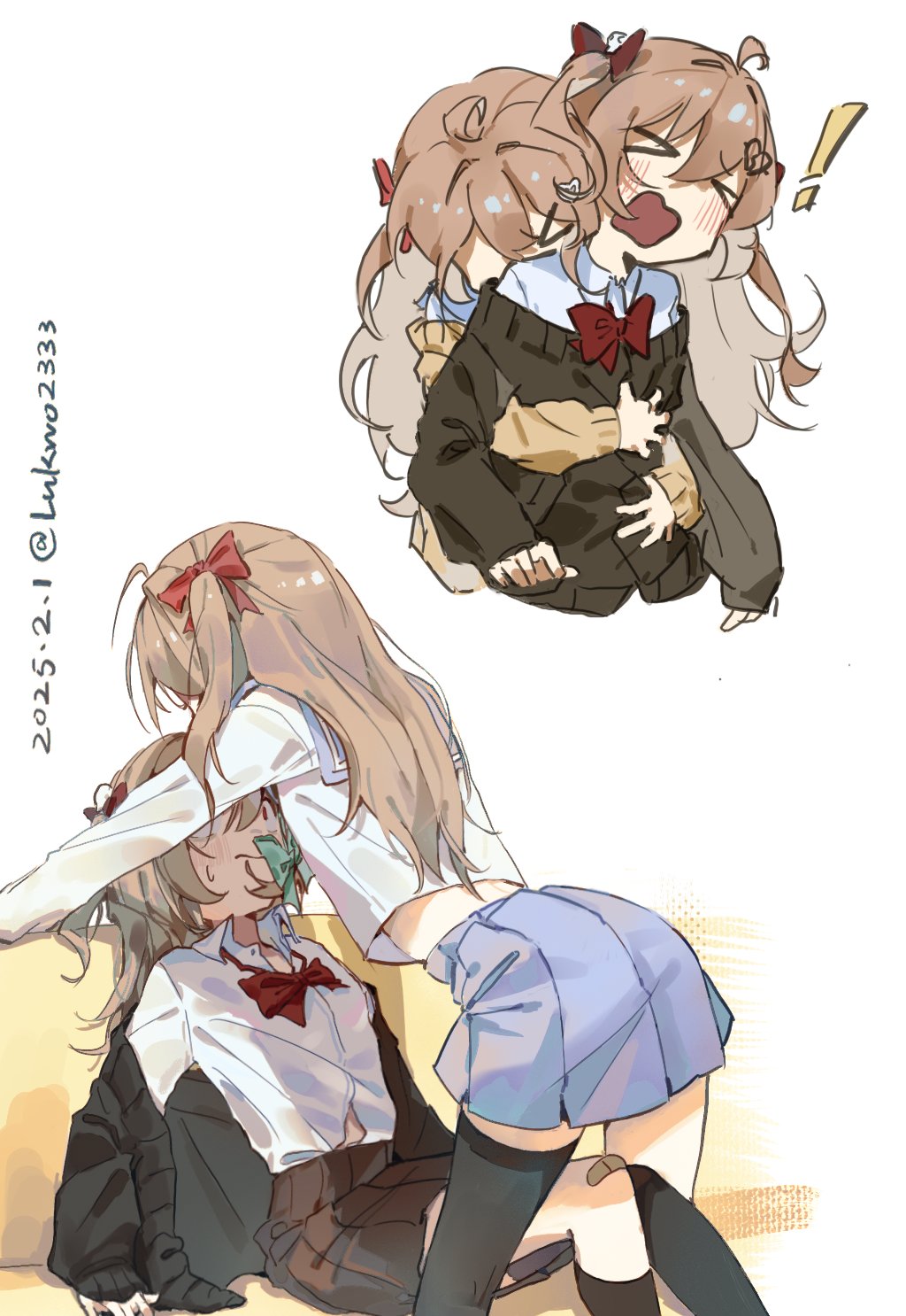 !, >_<, 2girls, ahoge, asymmetrical_legwear, bandaid, bandaid_on_knee, bandaid_on_leg, black_cardigan, black_thighhighs, blue_sailor_collar, blue_skirt, blush, bow, bowtie, brown_cardigan, brown_hair, cardigan, collared_shirt, couch, evil_neuro-sama, hair_ornament, heart, heart_hair_ornament, highres, hug, hug_from_behind, incest, indie_virtual_youtuber, kabedon, long_hair, lukuwo2333, multiple_girls, navel, neuro-sama, on_couch, open_cardigan, open_clothes, open_mouth, pleated_skirt, red_bow, red_eyes, sailor_collar, shirt, siblings, sisters, sitting, skirt, sleeves_past_wrists, sweatdrop, thigh-highs, twitter_username, two_side_up, virtual_youtuber, white_shirt, wide-eyed, yuri