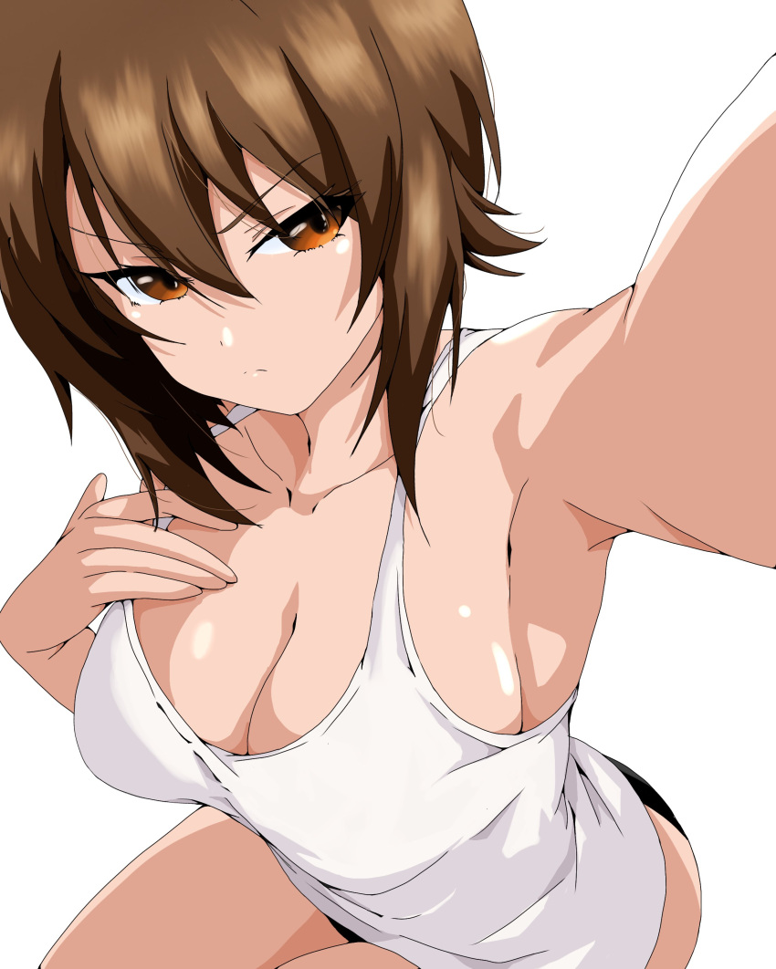 1girl, absurdres, black_panties, breasts, brown_eyes, brown_hair, closed_mouth, death_moa