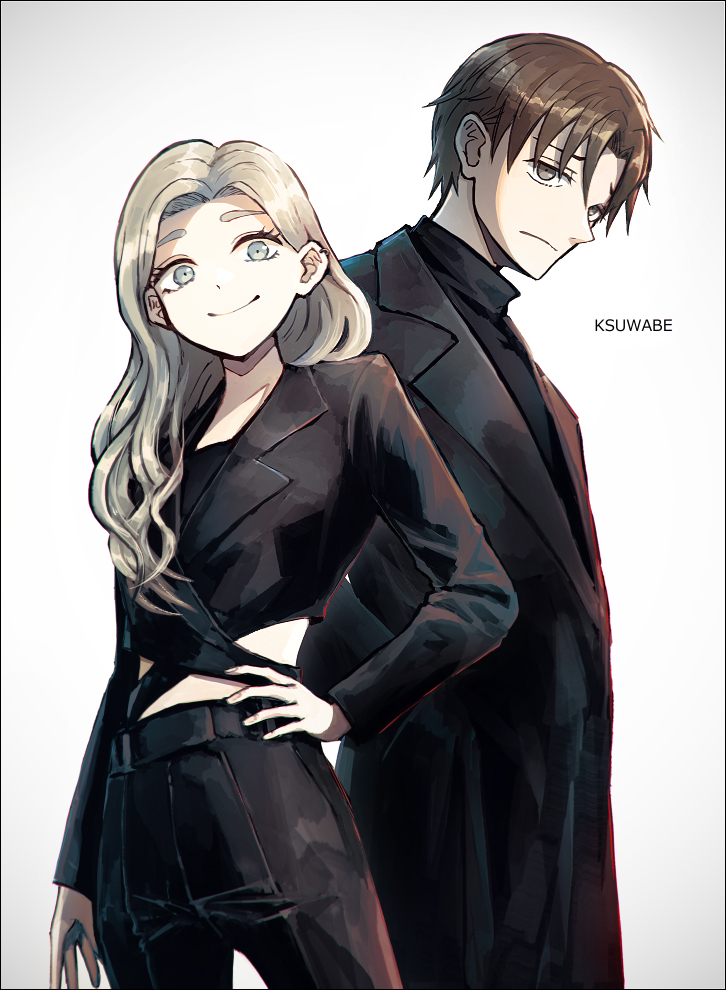 1boy, 1girl, artist_name, azuma_(seihantai_na_kimi_to_boku), belt, black_pants, black_suit, blonde_hair