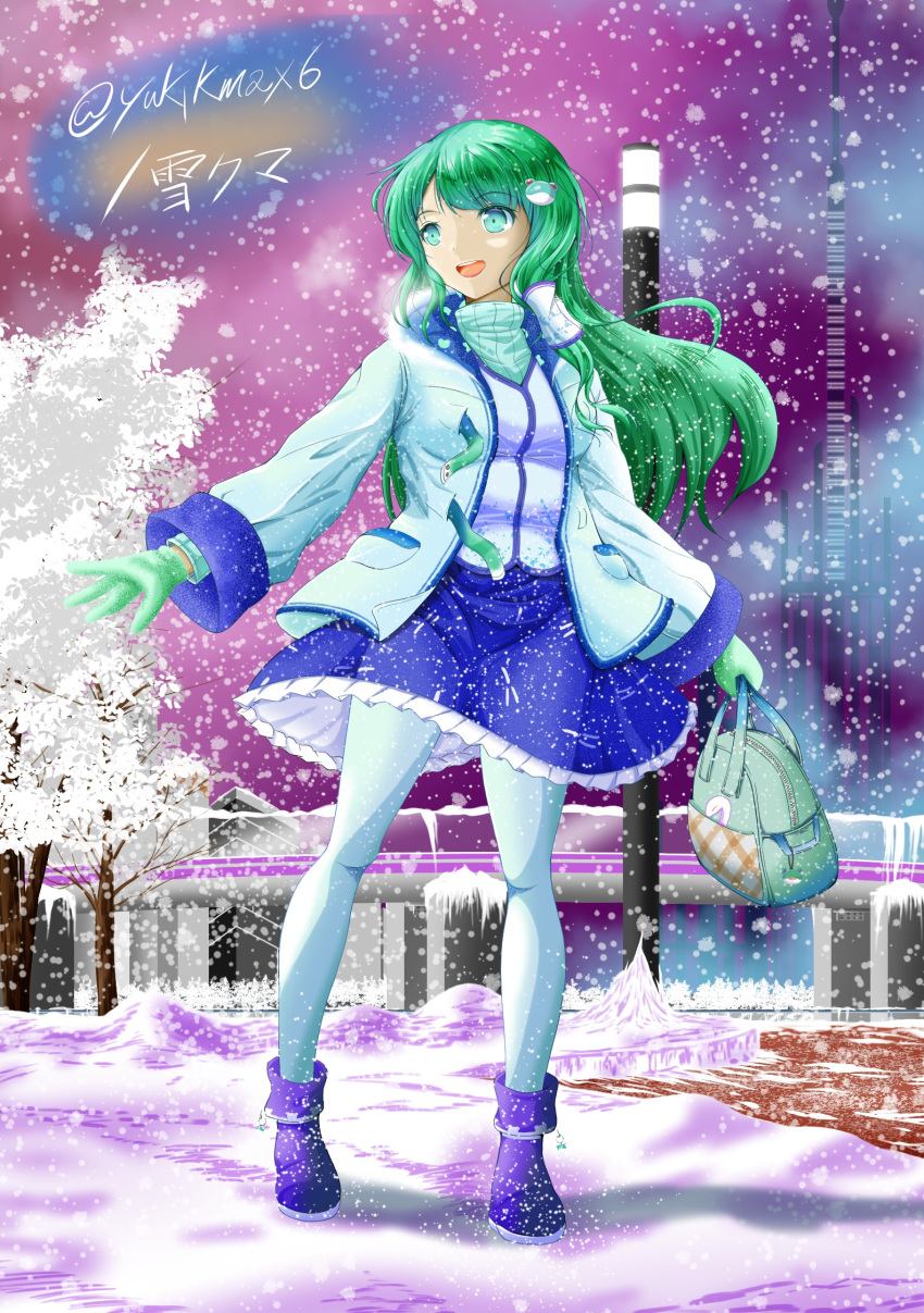 1girl, alternate_costume, bag, blue_footwear, blue_pantyhose, blue_skirt, boots, coat, frilled_skirt, frills, frog_hair_ornament, gloves, green_bag, green_eyes, green_gloves, green_hair, green_turtleneck, hair_ornament, hair_tubes, highres, holding, holding_bag, kochiya_sanae, lamppost, long_hair, long_sleeves, outdoors, pantyhose, patterned_clothing, print_skirt, signature, single_hair_tube, single_sidelock, skirt, skirt_set, snowing, solo, touhou, tree, twitter_username, white_coat, wide_sleeves, winter, winter_clothes, winter_coat, yukikmax6