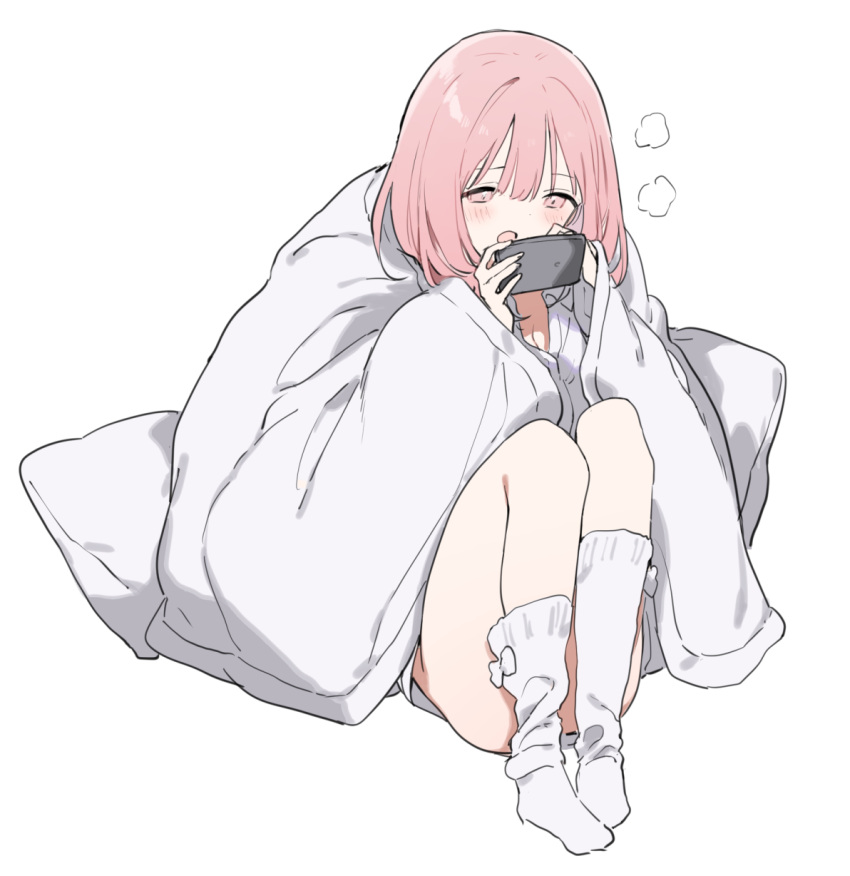 1girl, blanket, bow, bow_legwear, cellphone, fujiyama, full_body, highres