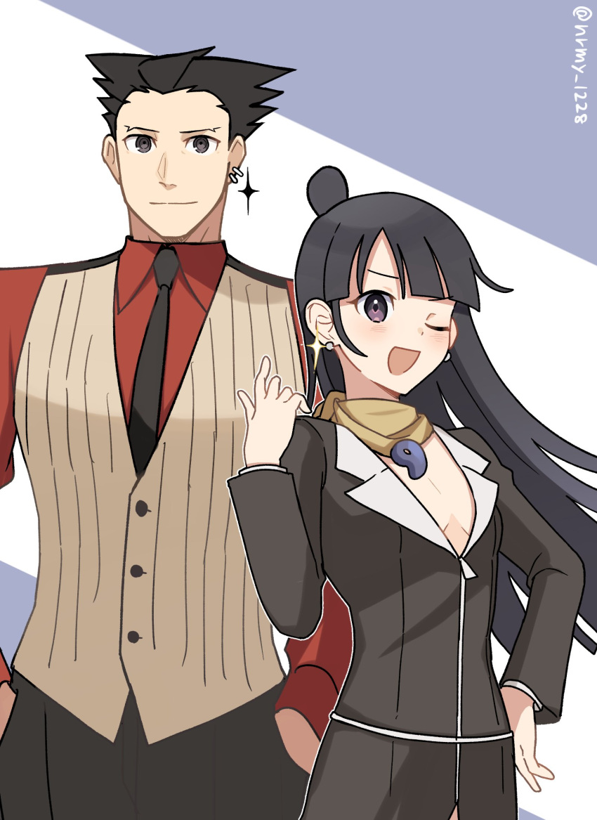 1boy, 1girl, ace_attorney, artist_name, black_hair, business_suit, cosplay, godot_(ace_attorney), godot_(ace_attorney)_(cosplay), highres, jewelry, magatama, magatama_necklace, maya_fey, mia_fey, mia_fey_(cosplay), necklace, necktie, nrmy_1228, phoenix_wright, pinstripe_pattern, pinstripe_vest, ribbed_vest, signature, striped_clothes, striped_vest, suit, twitter_username, vest