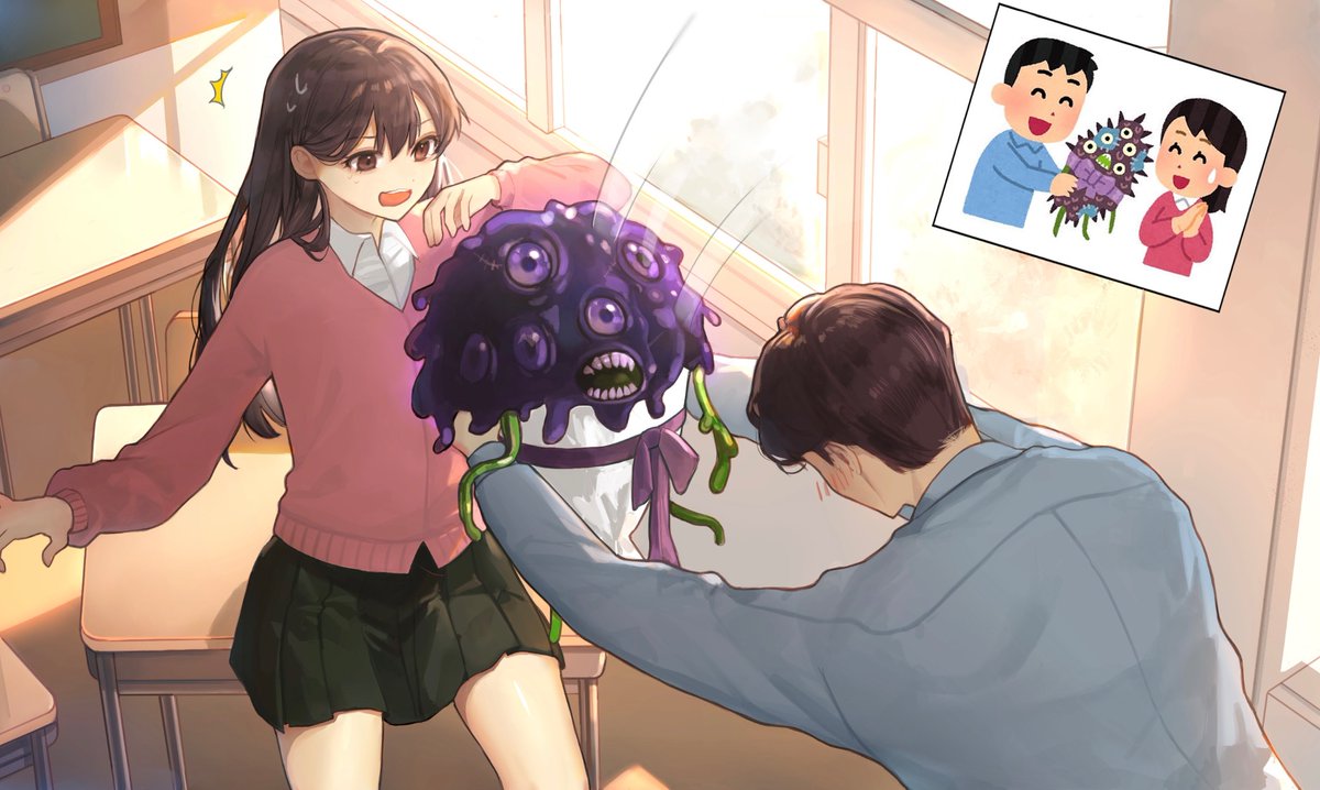 1boy, 1girl, black_skirt, blue_shirt, brown_eyes, brown_hair, cardigan, classroom