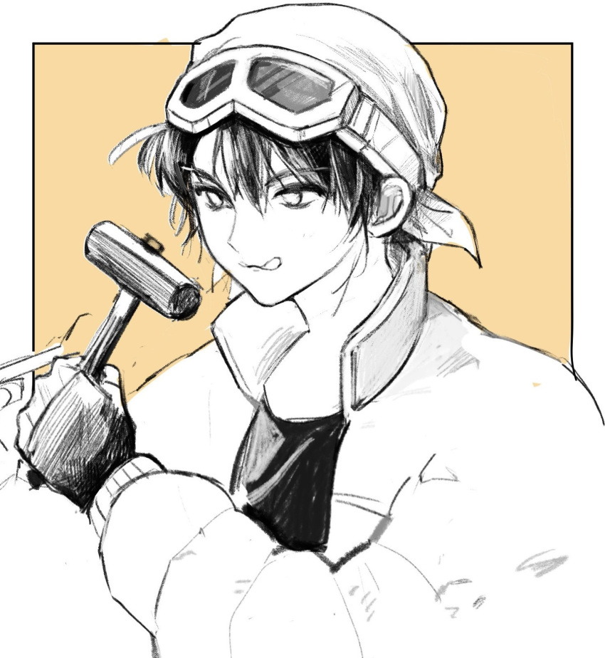 16personalities, 1boy, :q, fingerless_gloves, gloves, goggles, goggles_on_head, greyscale