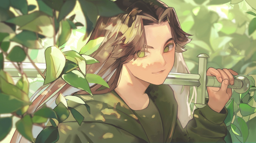 16personalities, 1boy, brown_hair, closed_mouth, curtained_hair, dappled_sunlight, forest, green_eyes
