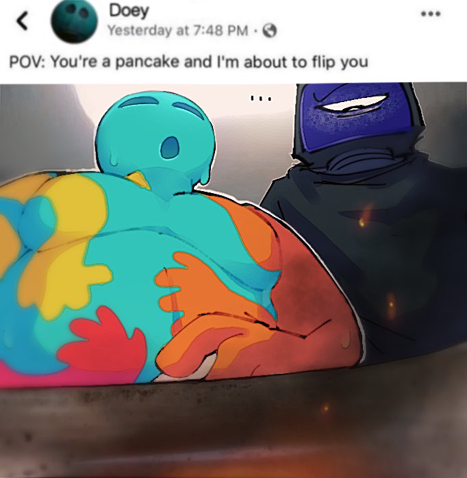 ..., 2boys, belly, commentary_request, dadadauko, doey_the_doughman_(poppy_playtime), dr._harley_sawyer_(poppy_playtime), english_text, fat, holding_pan, looking_at_viewer, male_focus, meme, multiple_boys, object_head, open_mouth, poppy_playtime, pov, pov_you're_a_pancake_and_i'm_about_to_flip_you_(meme), social_media_composition, sweat