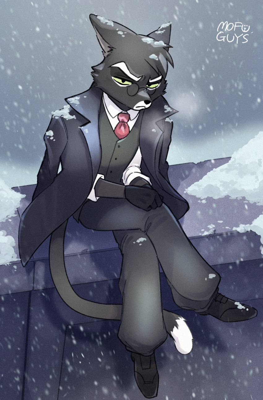 1boy, animal_ears, artist_name, black_coat, black_footwear, black_gloves, black_pants, black_vest