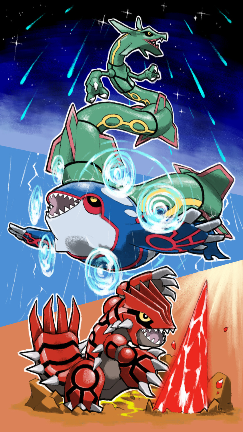animal_focus, black_sclera, blacknirrow, claws, colored_sclera, dragon, eastern_dragon, groudon, highres, kyogre, meteor_shower, no_humans, open_mouth, origin_pulse_(pokemon), outline, pokemon, pokemon_(creature), pokemon_move, precipice_blades_(pokemon), rain, rayquaza, sharp_teeth, space, star_(sky), sunlight, teeth, white_outline, yellow_eyes