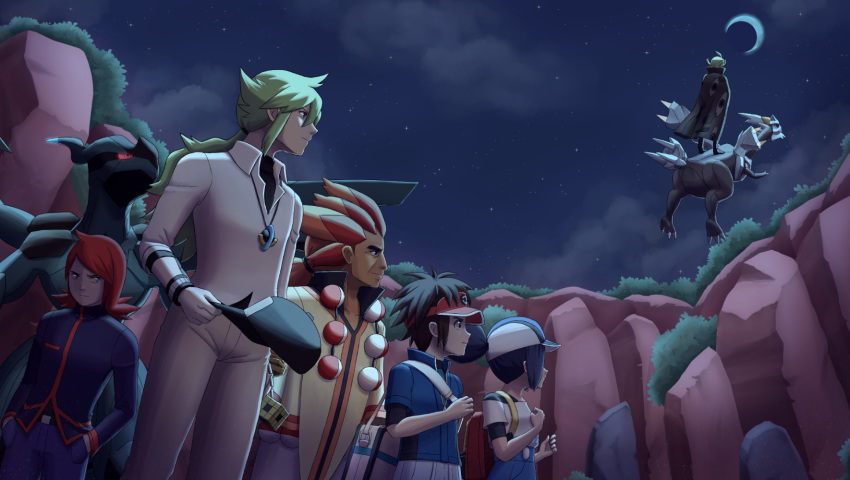 1girl, 5boys, alder_(pokemon), aurantia_ignis, baseball_cap, bettie_(pokemon), black_undershirt, bow