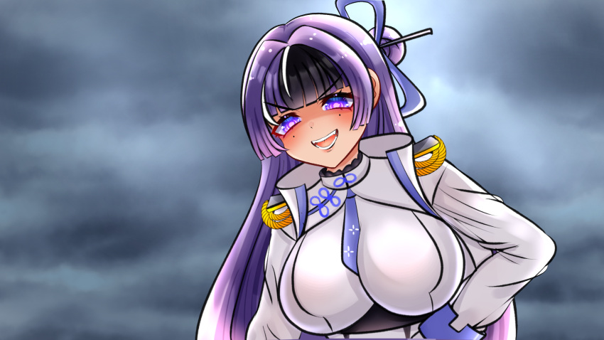 1girl, black_hair, breasts, chokilicious, goddess_of_victory:_nikke, hair_bun, hair_ornament, hair_stick