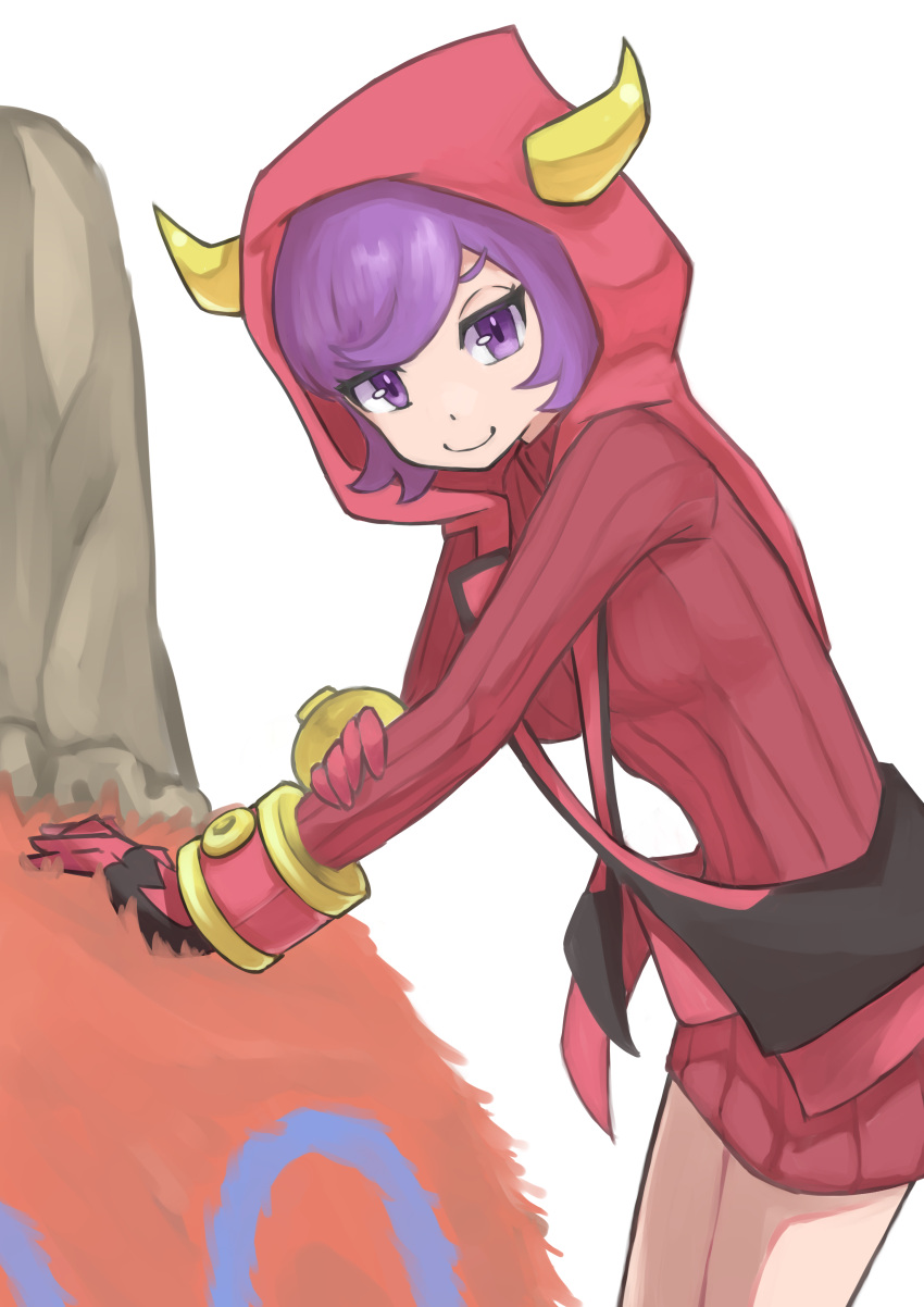 1girl, absurdres, breasts, camel, camerupt, courtney_(pokemon), cowlick, dress, highres, hood, hooded_vest, hoodie, horned_hood, horns, leaning_forward, long_sleeves, medium_breasts, mutuki_conoka, pokemon, pokemon_(creature), pokemon_oras, purple_hair, red_dress, red_hood, ribbed_dress, ribbed_sweater, short_dress, short_hair, smile, sweater, vest, violet_eyes