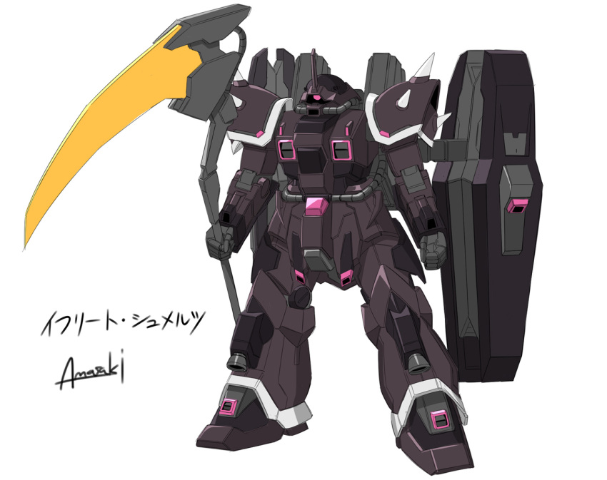 amasaki_yusuke, commentary_request, concept_art, efreet_(mobile_suit), efreet_custom, gundam, holding, holding_scythe