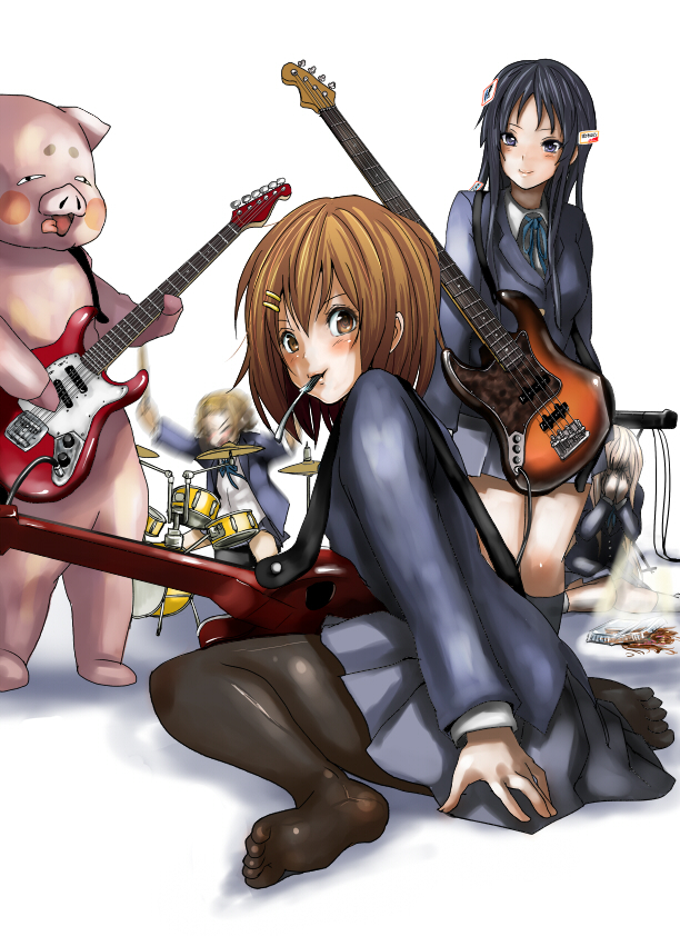 bass_guitar, black_hair, blazer, blonde_hair, brown_eyes, brown_hair, covering, covering_face
