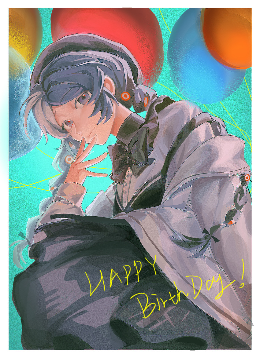 1girl, aqua_background, balloon, balloon_party, beret, black_bow, black_bowtie, black_hat