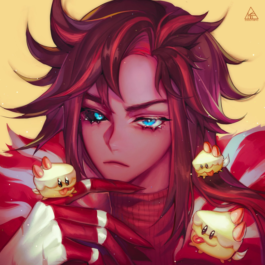 1boy, black_sclera, blue_eyes, brown_hair, cake_hound, closed_mouth, colored_sclera, colored_skin