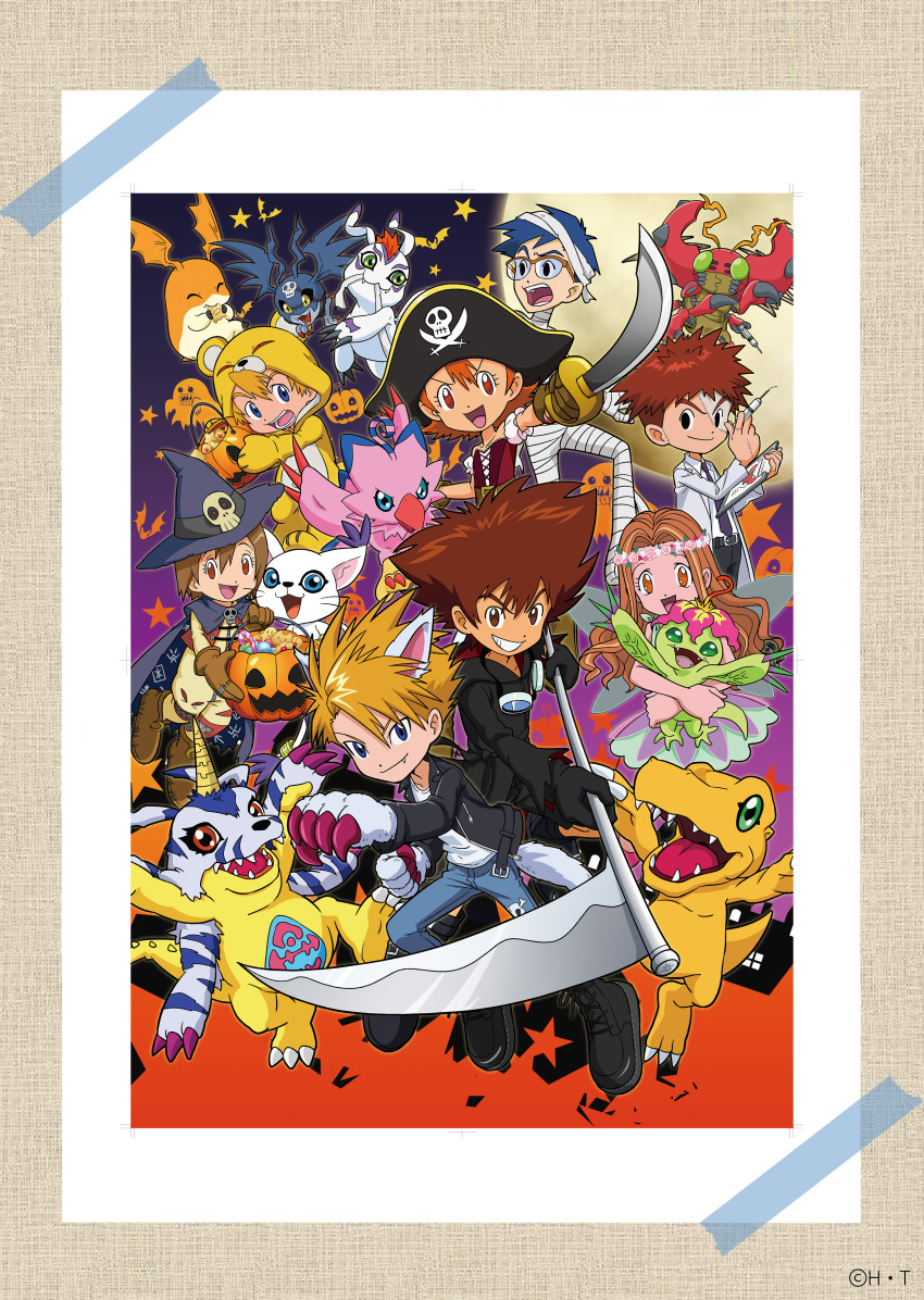 3girls, 5boys, absurdres, agumon, alternate_costume, animal_costume, animal_ears, bakemon, bandaged_head, bandages, bear_costume, black_eyes, black_footwear, black_gloves, black_jacket, blonde_hair, blue_cape, blue_eyes, blue_hair, blue_hat, boots, brown_eyes, brown_footwear, brown_gloves, brown_hair, bucket, candy, cape, character-themed_food, checkerboard_cookie, clipboard, cookie, corset, cosplay, cosplay_request, cross-laced_clothes, cross-laced_corset, cutlass, death_(entity), denim, digimon, digimon_(creature), digimon_adventure, dress, eating, everyone, fairy_wings, fake_animal_ears, fake_claws, fake_wings, fang, food, full_moon, gabumon, glasses, gloves, goggles, goggles_around_neck, gomamon, gradient_background, green_dress, grim_reaper, grim_reaper_(cosplay), grin, halloween, halloween_bucket, halloween_costume, hat, head_wreath, highres, holding, holding_bucket, holding_clipboard, holding_digimon, holding_scythe, holding_sword, holding_syringe, holding_weapon, horns, ishida_yamato, izumi_koshiro, jack-o'-lantern, jacket, jeans, jolly_roger, kido_jo, kigurumi, lab_coat, long_hair, looking_at_viewer, mad_scientist, monzaemon, monzaemon_(cosplay), moon, mouth_hold, multiple_boys, multiple_girls, mummy_costume, official_art, onesie, open_mouth, orange_hair, over-rim_eyewear, palmon, pants, patamon, patchwork_skin, picodevimon, pink_claws, pirate_costume, pirate_hat, piyomon, pumpmon, robe, scythe, semi-rimless_eyewear, shirt, short_hair, simple_bat, single_horn, skull_and_crossed_swords, skull_ornament, smile, spiky_hair, star_(symbol), stitched_face, stitched_hand, stitches, sweatdrop, sword, syringe, tachikawa_mimi, tailmon, takaishi_takeru, takenouchi_sora, tentomon, thumbprint_cookie, torn_clothes, weapon, weregarurumon, weregarurumon_(cosplay), werewolf_costume, white_gloves, white_shirt, wings, witch_hat, wizarmon, wizarmon_(cosplay), wolf_ears, yagami_hikari, yagami_taichi, zipper