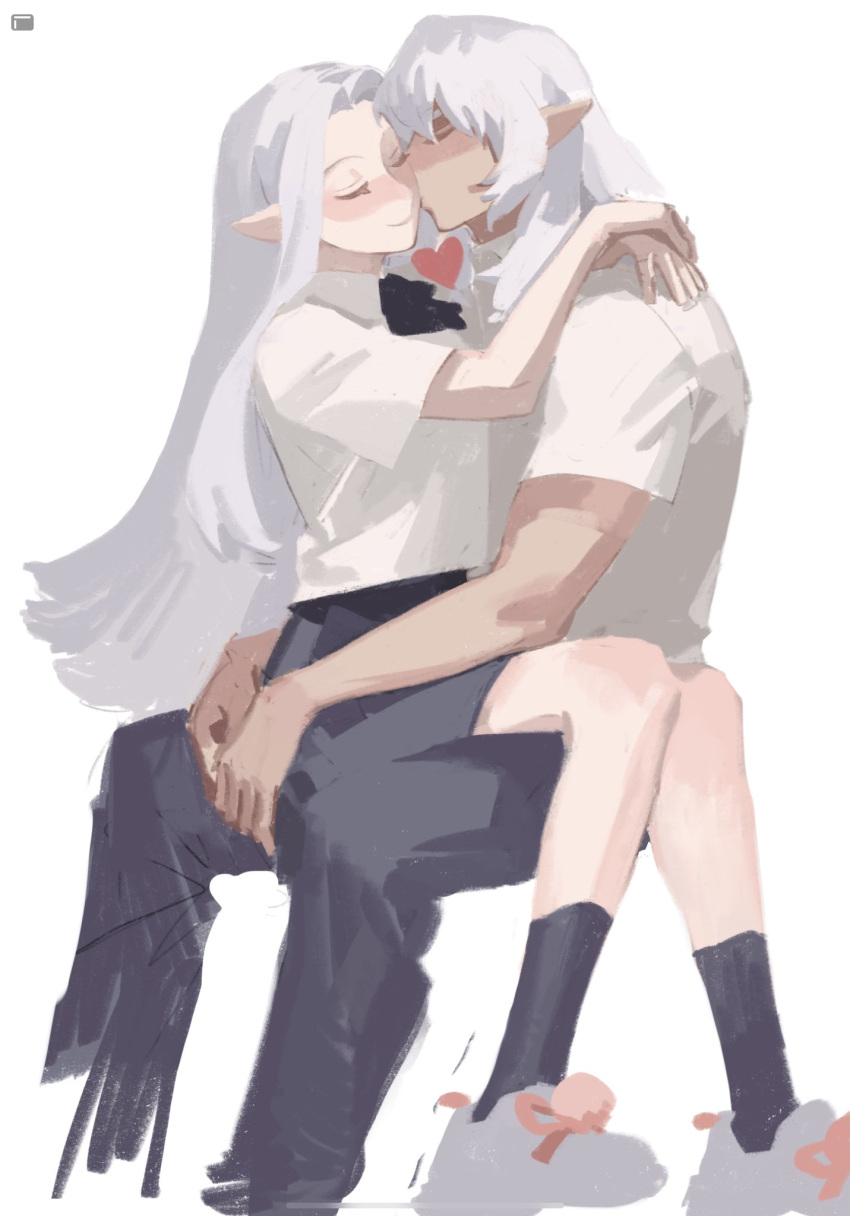 1boy, 1girl, arms_around_neck, black_pants, black_socks, blush, closed_mouth, commentary