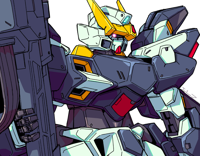 beam_rifle, commentary, energy_gun, glowing, glowing_eye, gun, gundam, highres