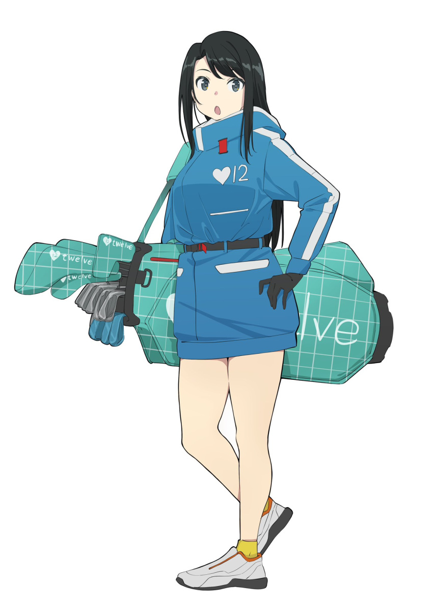 :o, akane_haruka_(sorairo_utility), aqua_bag, bag, belt, black_belt, black_eyes, black_gloves