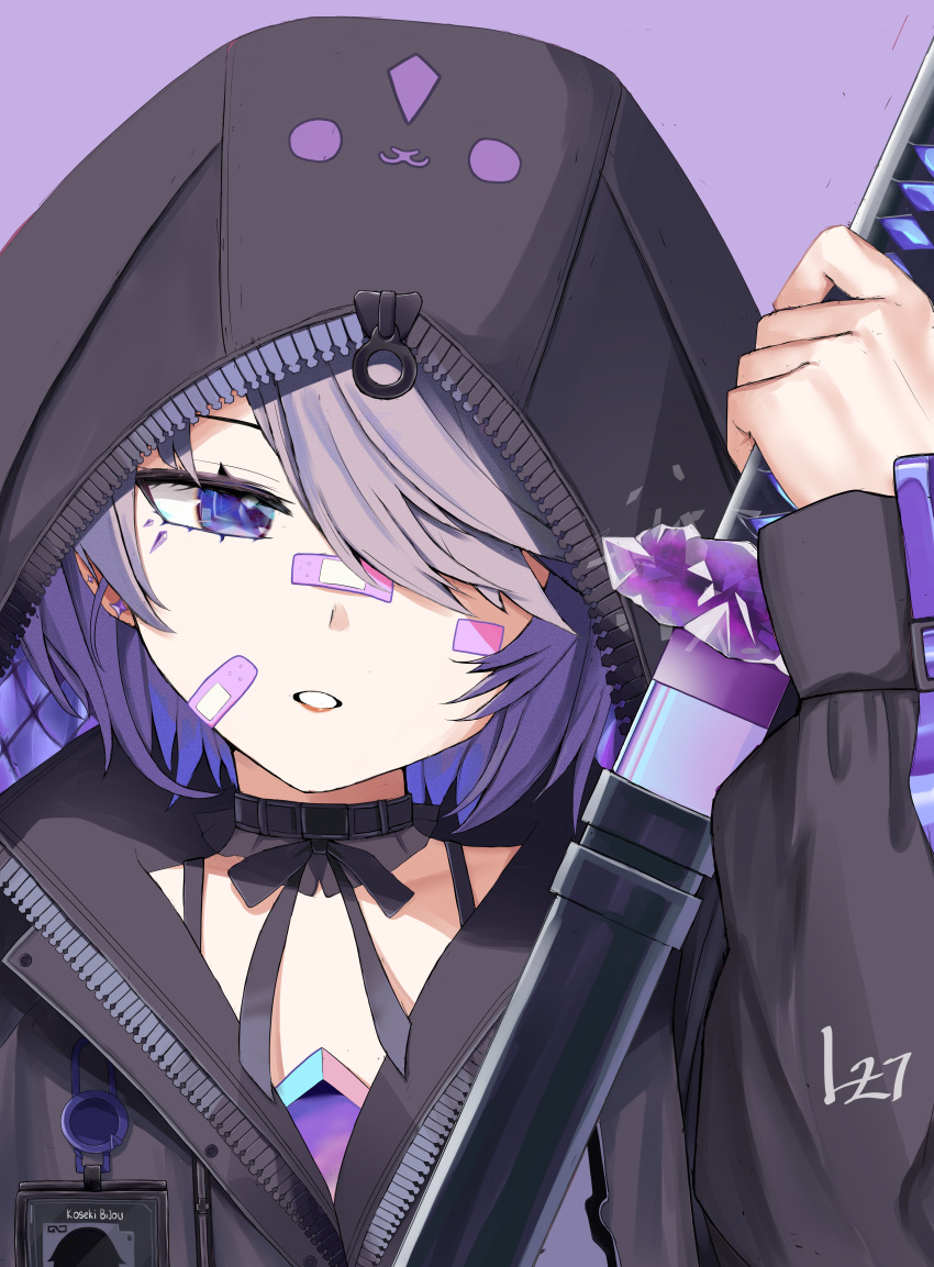 1girl, absurdres, animal_hood, bandaid, bandaid_on_face, bandaid_on_nose, black_jacket, black_ribbon