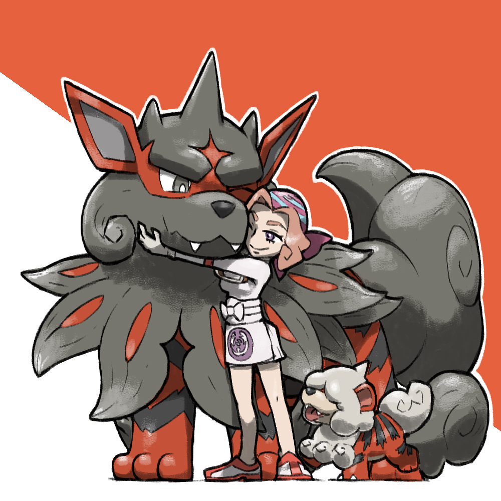 1girl, ;), bandana, blacknirrow, blue_bandana, closed_mouth, dress, evolutionary_line, eyelashes, fangs, grey_eyes, hisuian_arcanine, hisuian_growlithe, hug, one_eye_closed, open_mouth, orange_hair, outline, palina_(pokemon), pink_bandana, pokemon, pokemon_(creature), pokemon_legends:_arceus, shoes, short_hair, simple_background, smile, standing, tongue, tongue_out, two-tone_background, two-tone_bandana, white_dress, white_outline