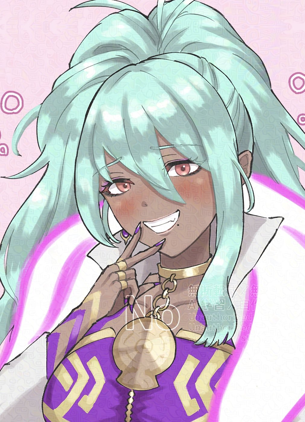 1girl, dark-skinned_female, dark_skin, fire_emblem, fire_emblem_heroes, green_hair, hair_between_eyes, high_ponytail