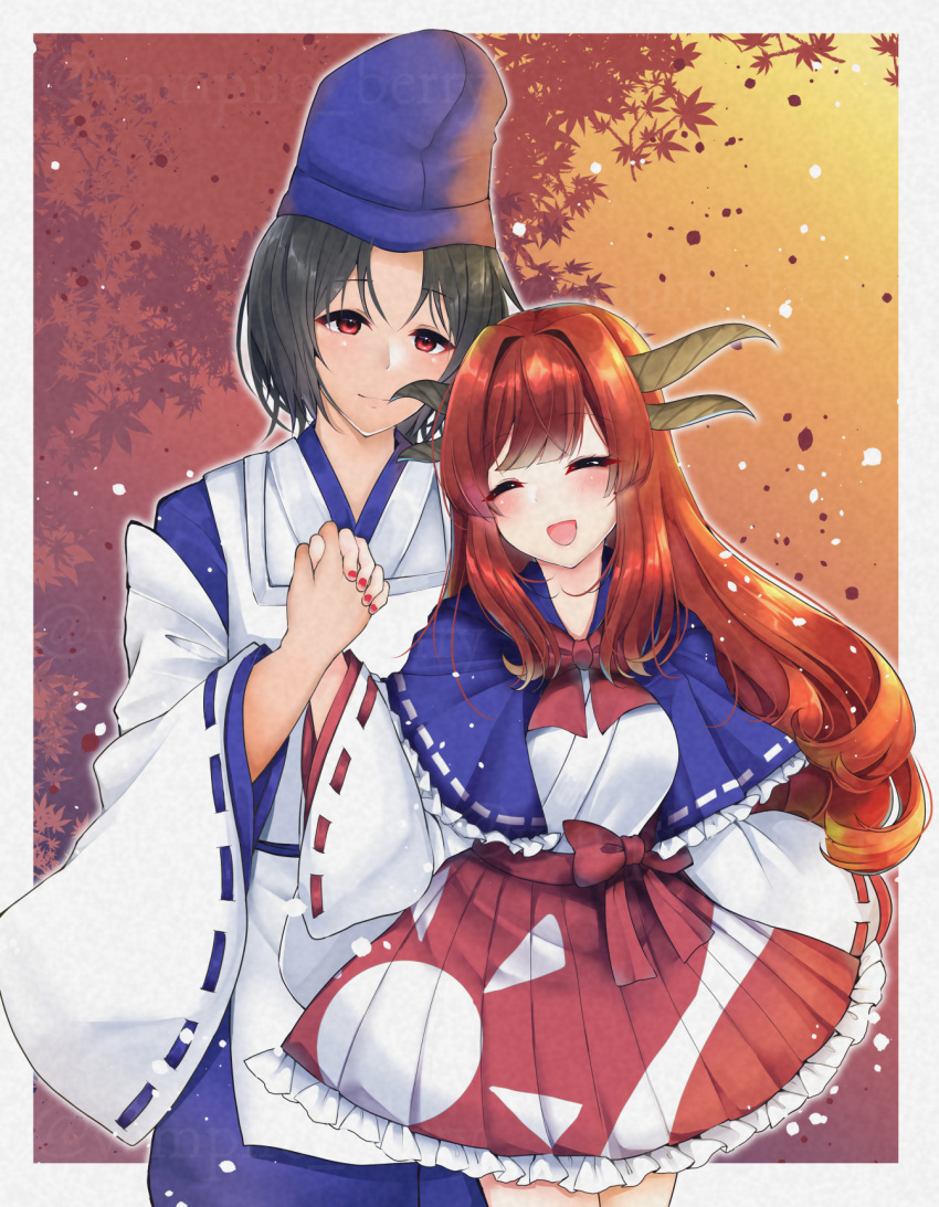 1boy, 1girl, ^_^, autumn, autumn_leaves, black_hair, blue_capelet, blue_hakama