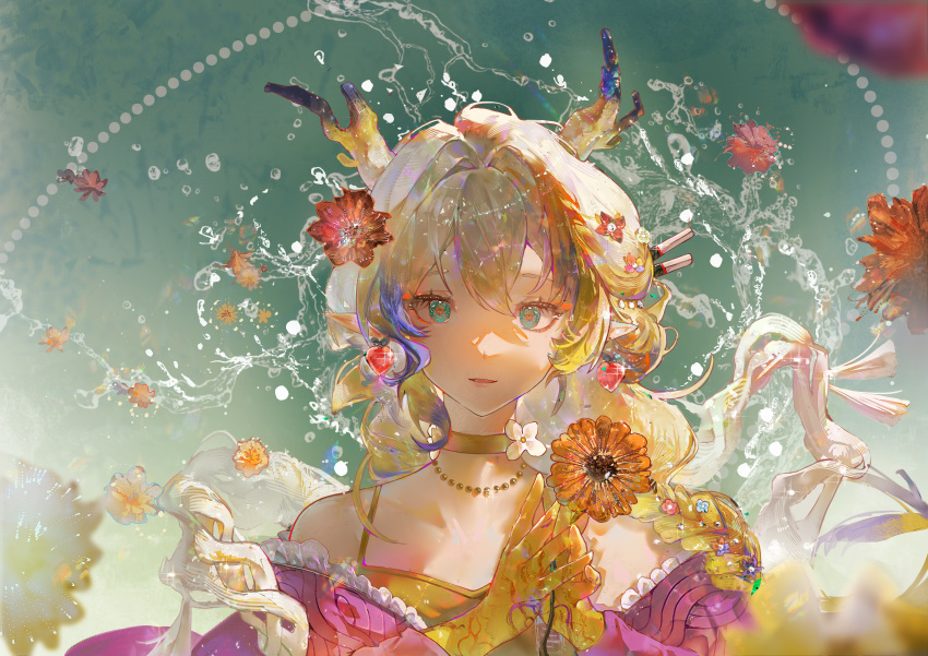1girl, absurdres, arknights, blonde_hair, braid, brown_flower, chinese_commentary, choker