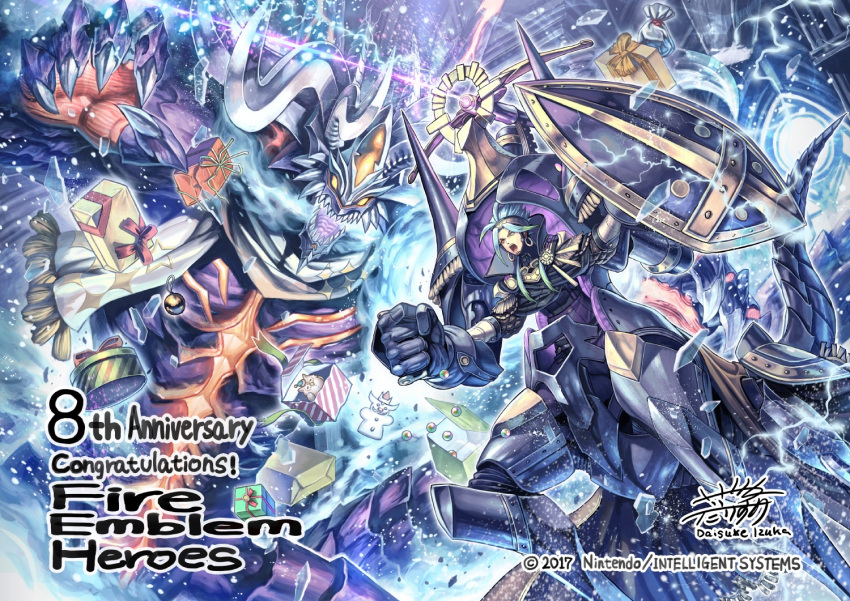 2boys, anniversary, black_cape, blue_hair, cape, crossbow, demon, demon_horns