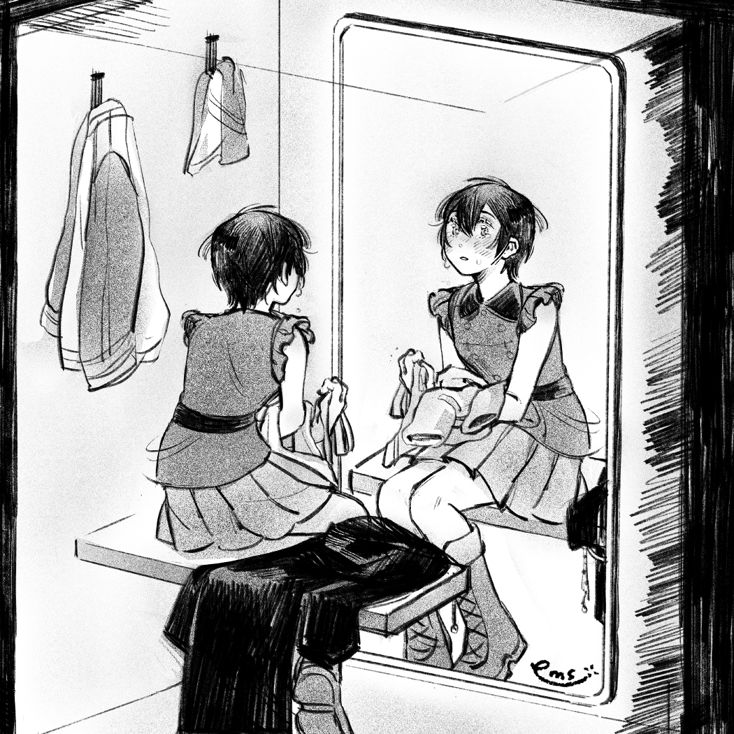 1girl, belt, bench, black_belt, black_collar, black_hair, black_jacket, blush
