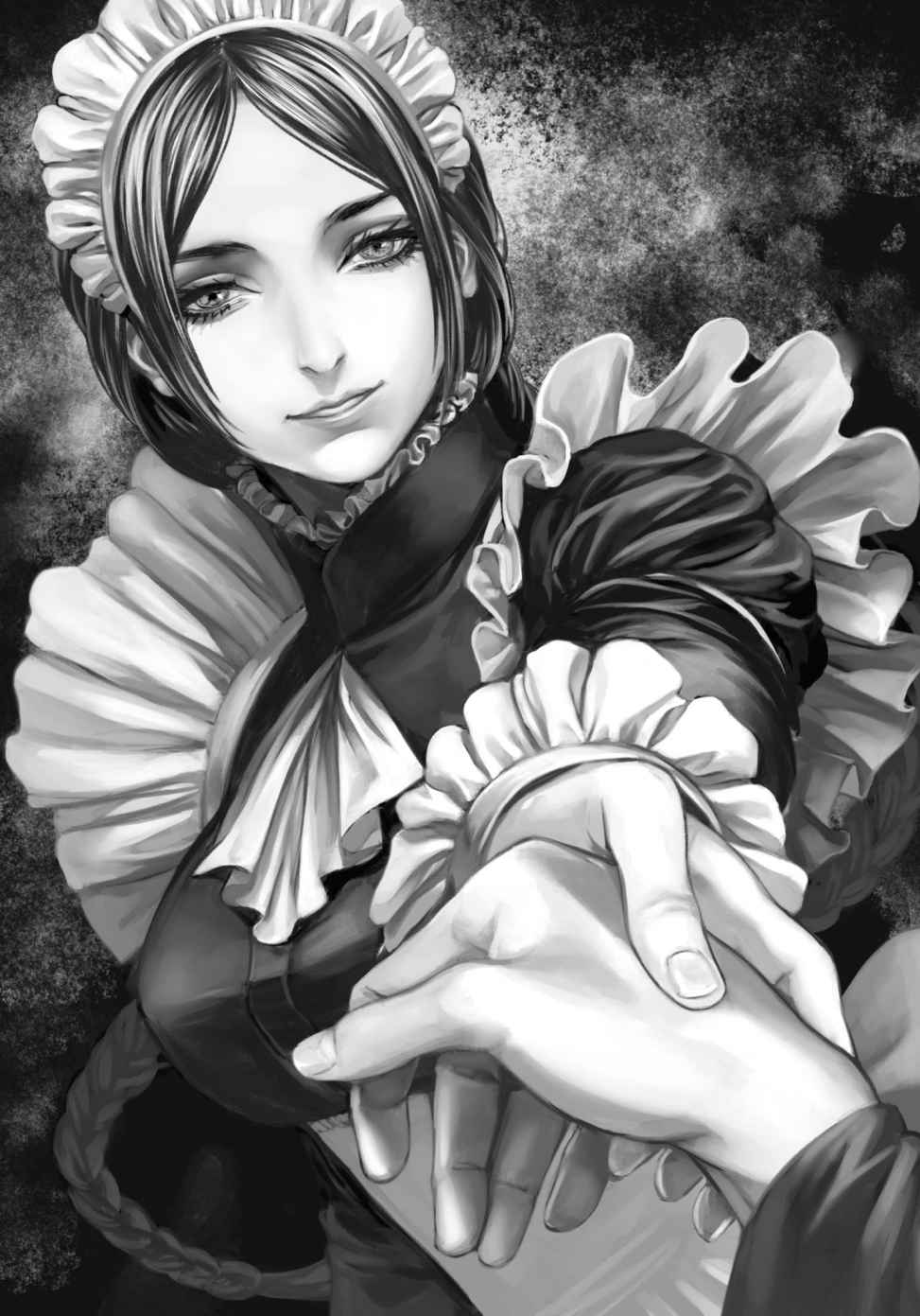 1girl, 1other, ascot, braid, fata_morgana_no_yakata, grey_background, greyscale, grin