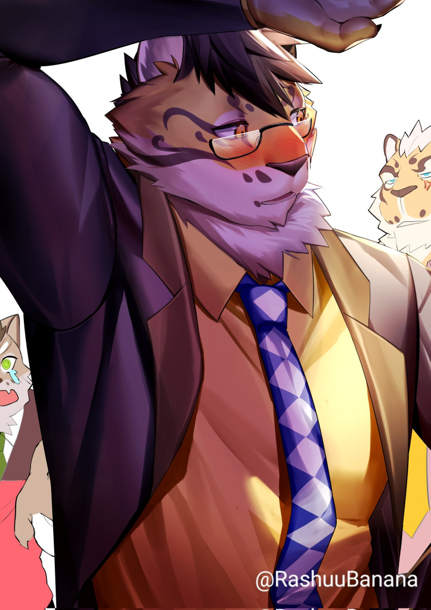 3boys, animal_ears, black_coat, blue_necktie, blush, cat_boy, cat_ears, claws