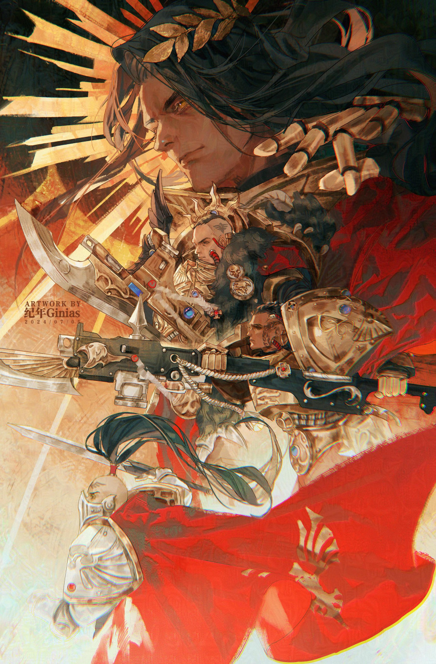 absurdres, adeptus_custodes, anathema_psykana, armor, axe, black_hair, cape, constantin_valdor, dated, emperor_of_mankind, facial_tattoo, ginias, gun, highres, jenetia_krole, long_hair, ponytail, ra_endymion, science_fiction, signature, sisters_of_silence, tattoo, warhammer_40k, weapon