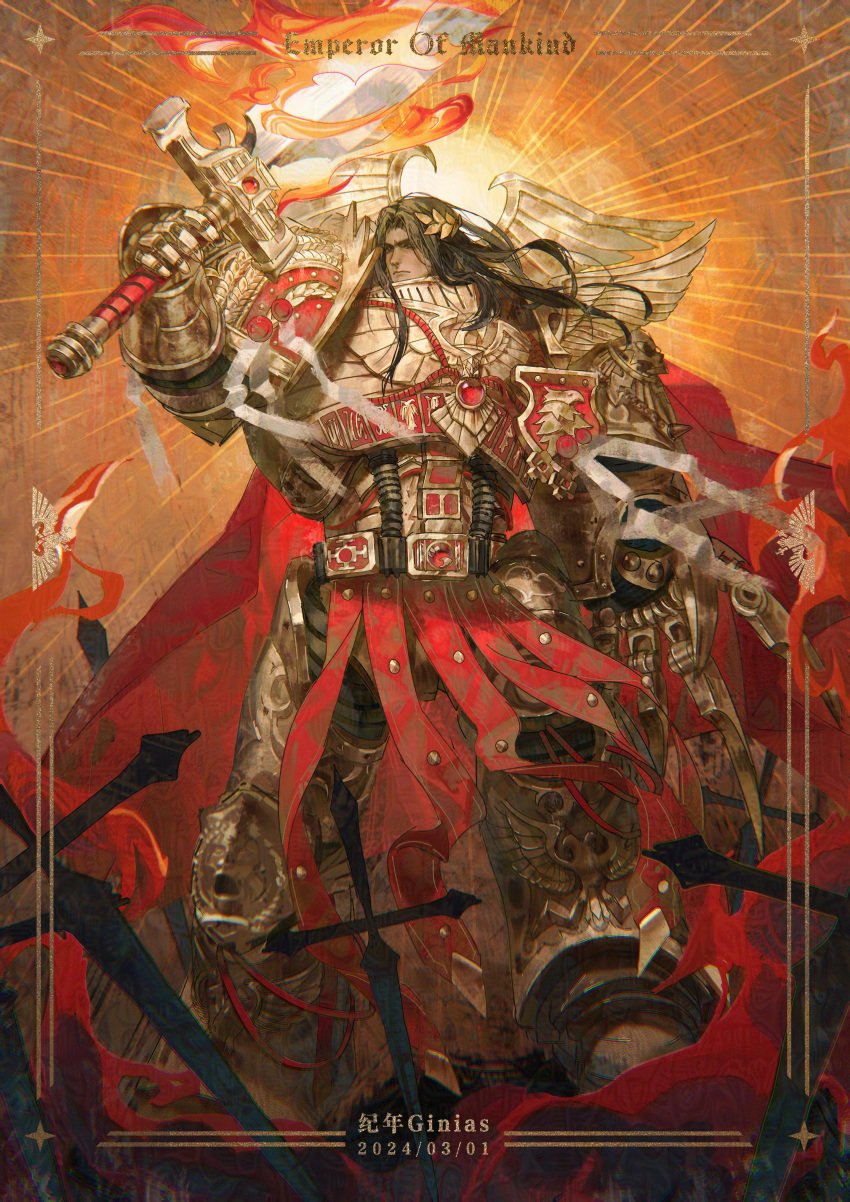 1boy, absurdres, aquila_(symbol), armor, armored_boots, artist_name, black_hair, boots